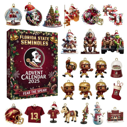 Florida State Seminoles Advent Calendar 2025 with various ornaments and packaging.