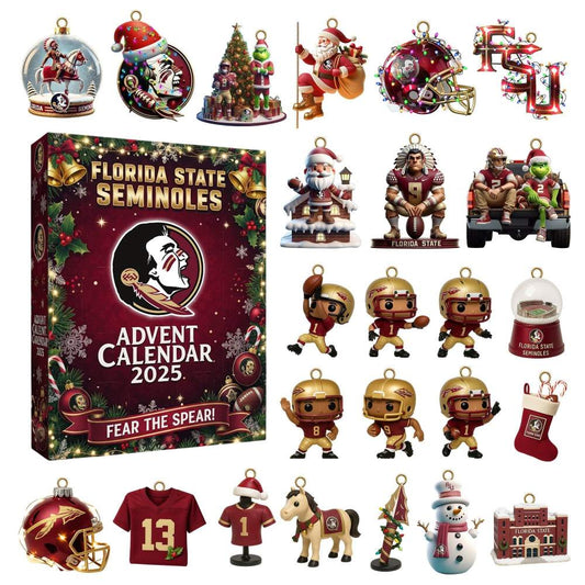 Florida State Seminoles Advent Calendar 2025 with various ornaments and packaging.