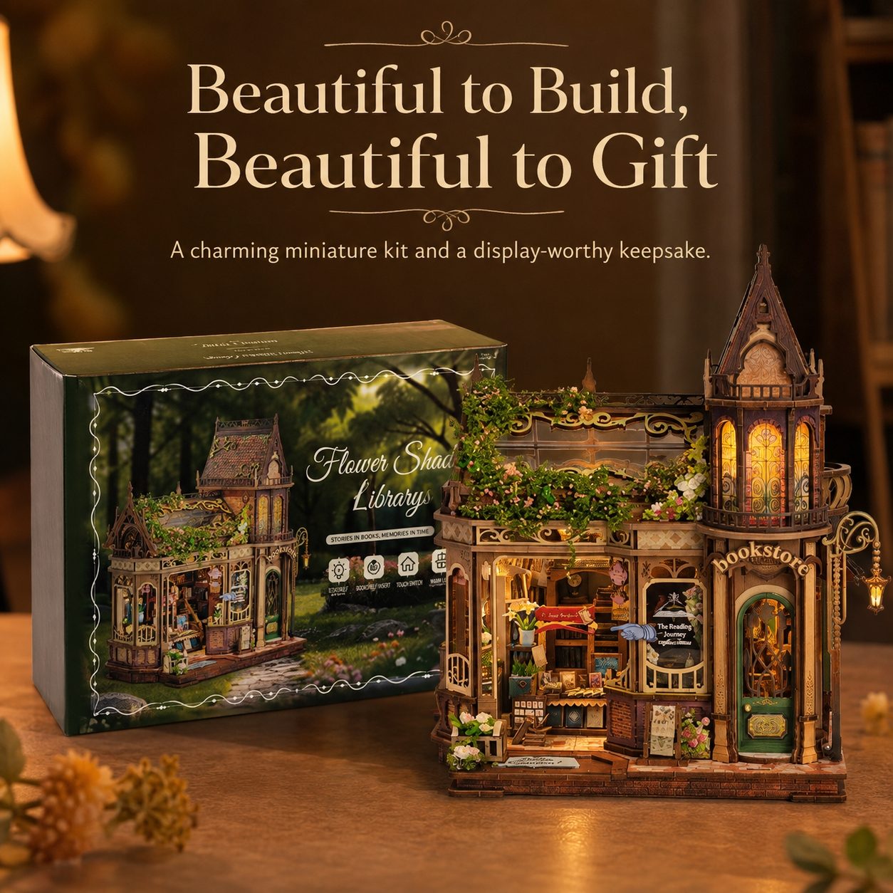 A decorative miniature library building kit shown next to its retail box on a wooden surface, with warm text above reading 'Beautiful to Build, Beautiful to Gift.' The product appears to be a detailed model kit with a fantasy forest-themed house, glowing windows, and small decorative elements.
