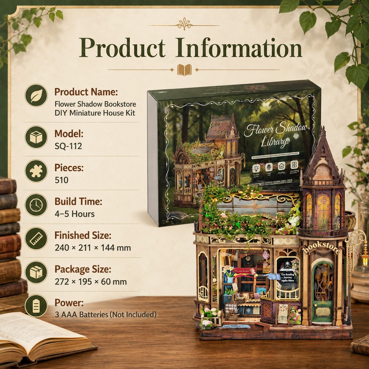 Product information graphic for the Flower Shadow Library DIY Miniature House Kit, showing the product box, dimensions, piece count, and battery note alongside a photo of the assembled miniature bookshop on a wooden table.