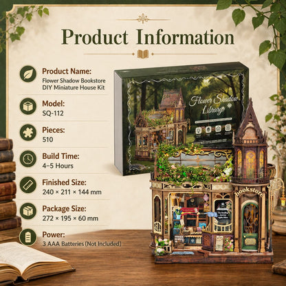 Product information graphic for the Flower Shadow Library DIY Miniature House Kit, showing the product box, dimensions, piece count, and battery note alongside a photo of the assembled miniature bookshop on a wooden table.
