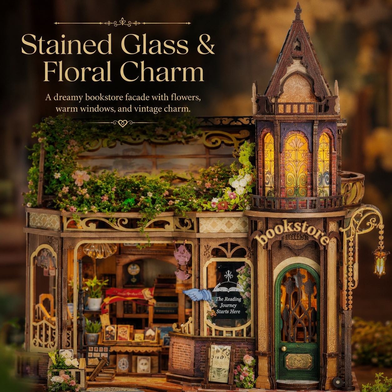 A decorative miniature bookshop facade with stained glass windows, floral details, and vintage-style architecture, shown as the product in a styled close-up. Text on the left reads 'Stained Glass & Floral Charm.