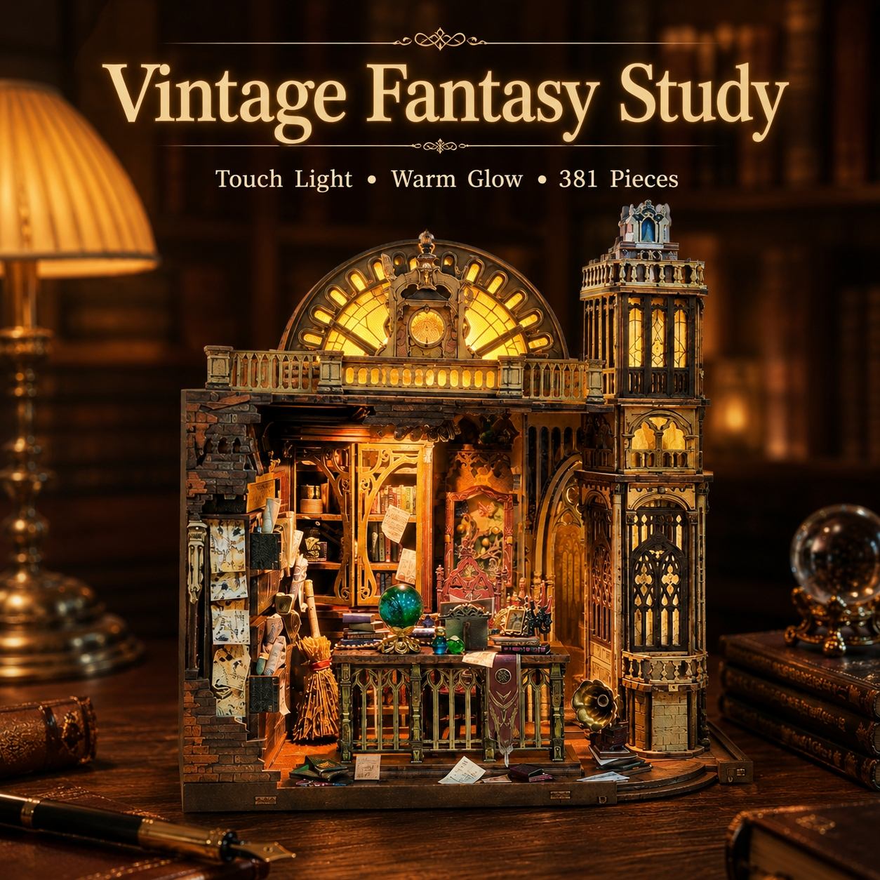 Vintage fantasy study model with warm glow, 381 pieces, on a wooden table.