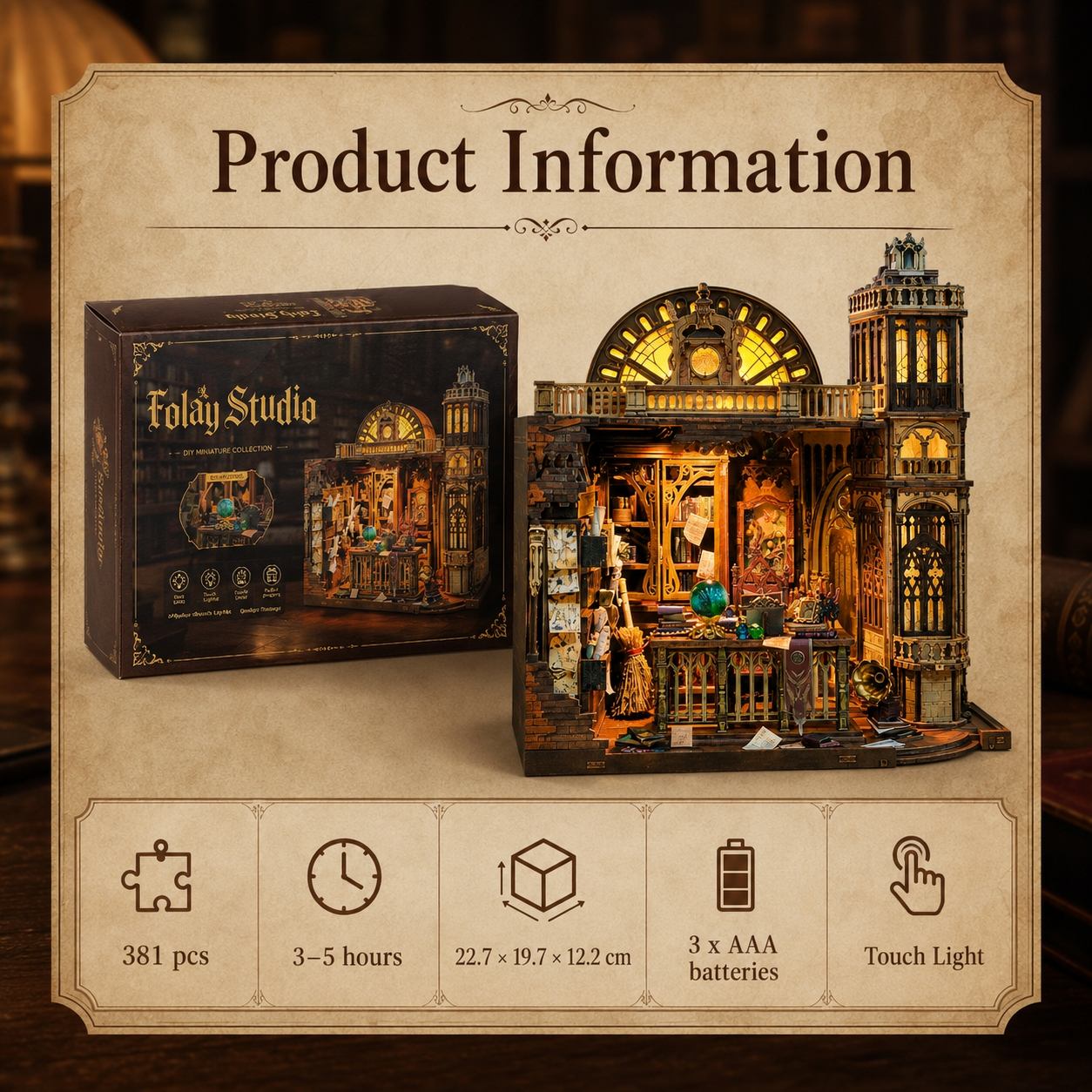 Product information card for a model building set with detailed packaging and specifications.