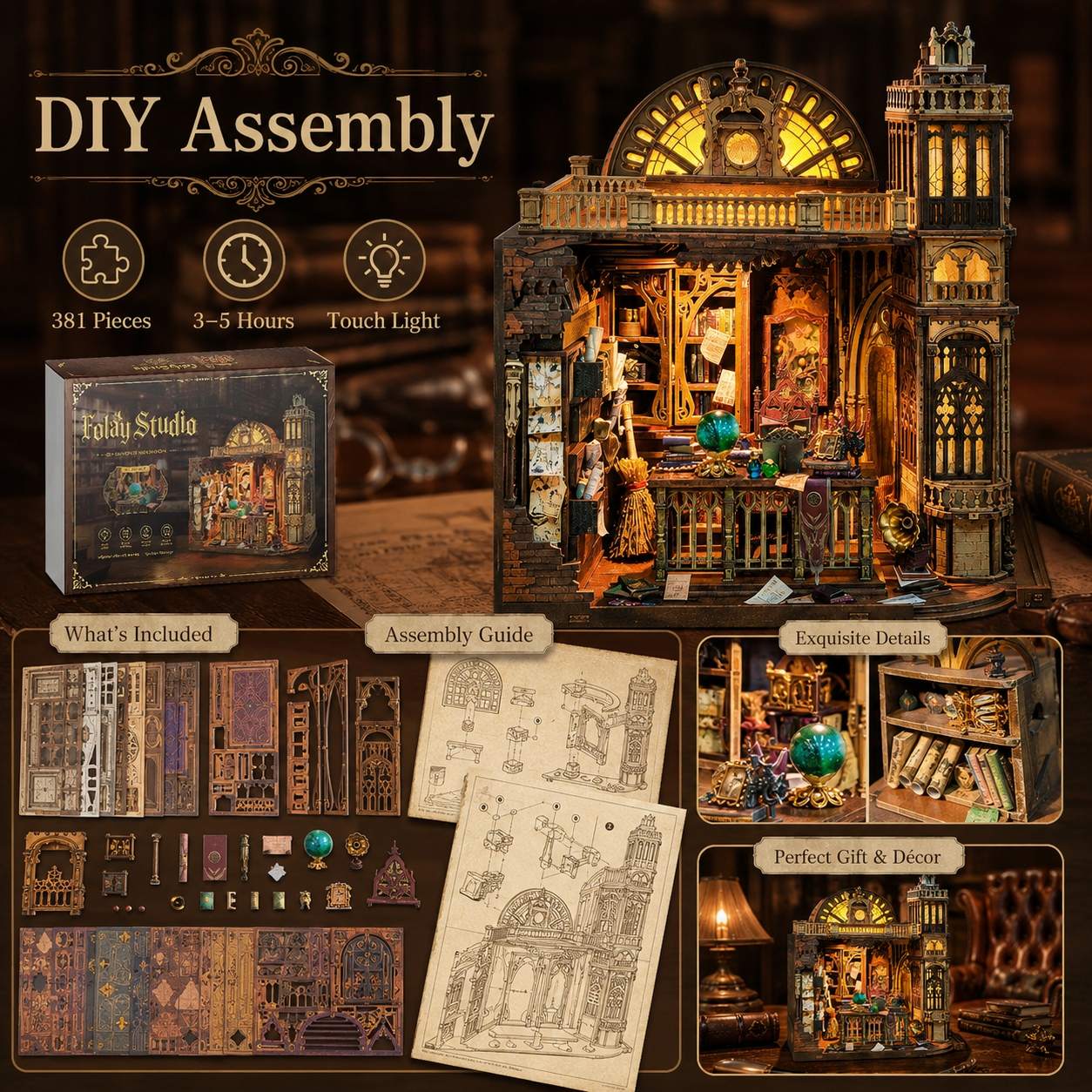 DIY assembly miniature house kit with model building set, components, and instructions on a dark background.