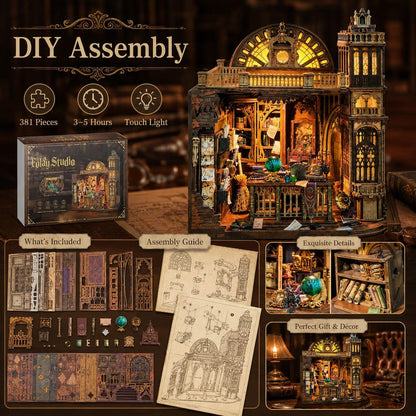 DIY assembly miniature house kit with model building set, components, and instructions on a dark background.