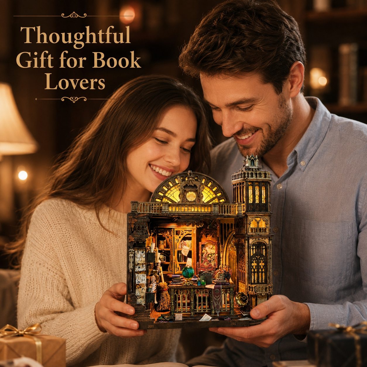 Couple holding a cozy miniature house of a cathedral, with text 'Thoughtful Gift for Book Lovers' on a warm-toned background.
