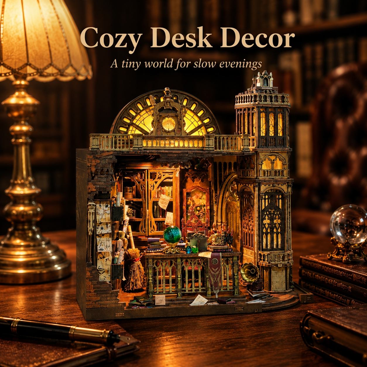cozy desk decor of a miniature world on a desk with warm lighting.