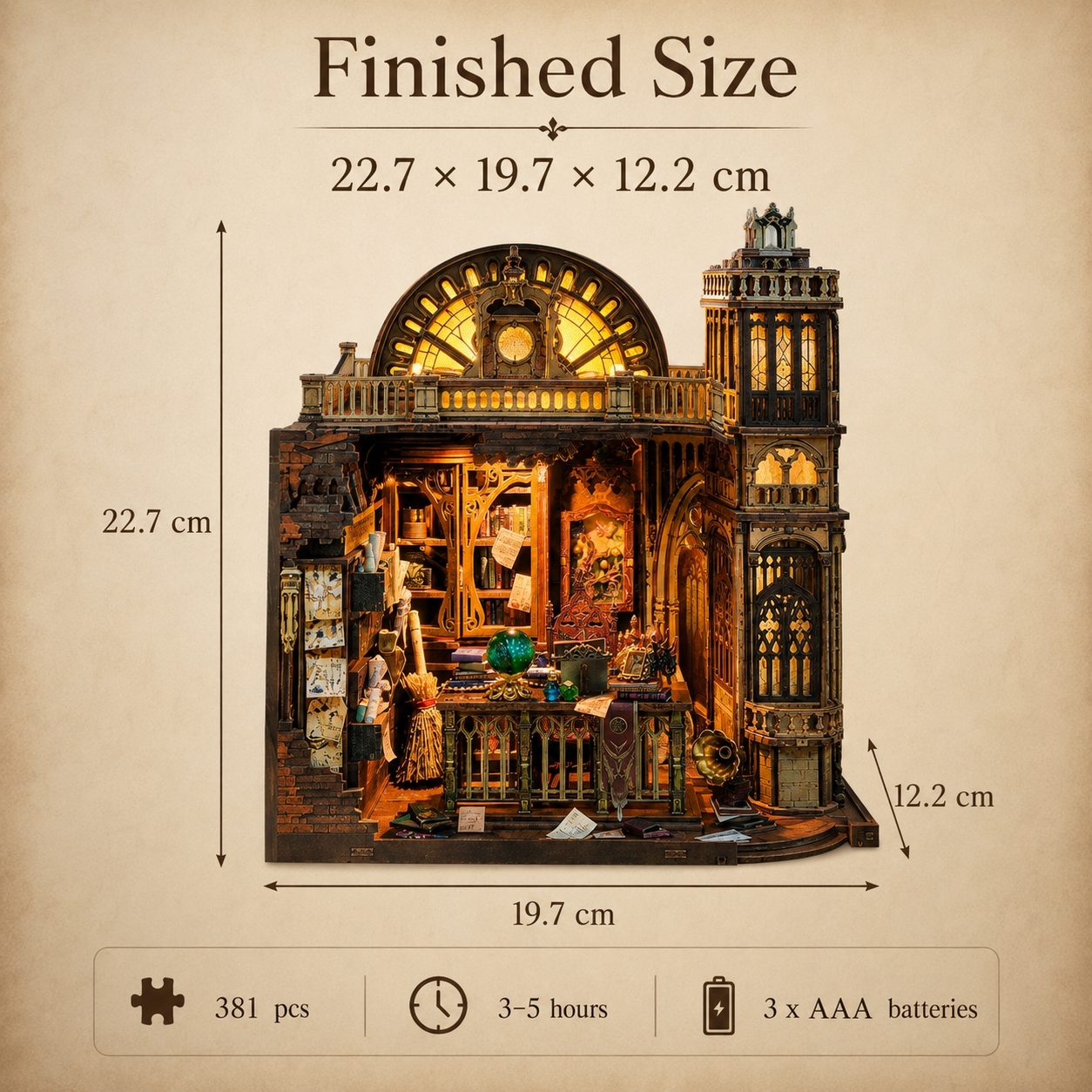 Detailed miniature model with dimensions and specifications on a beige background