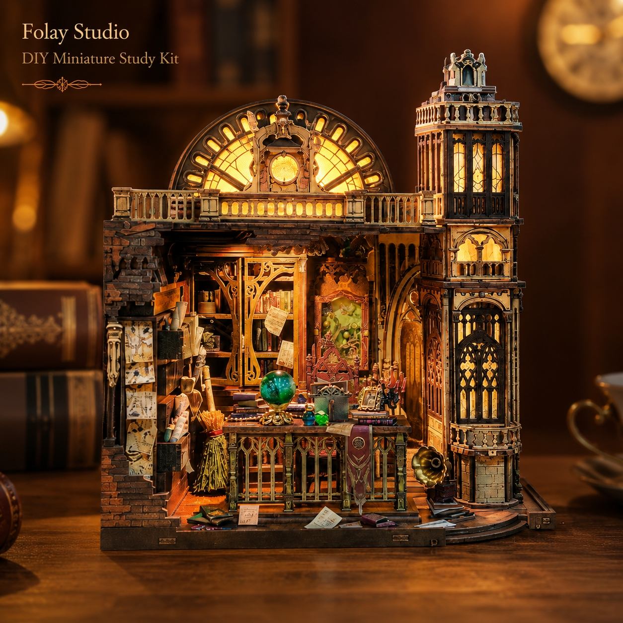 Detailed miniature study kit with intricate architecture and lighting, branded 'Folay Studio'.