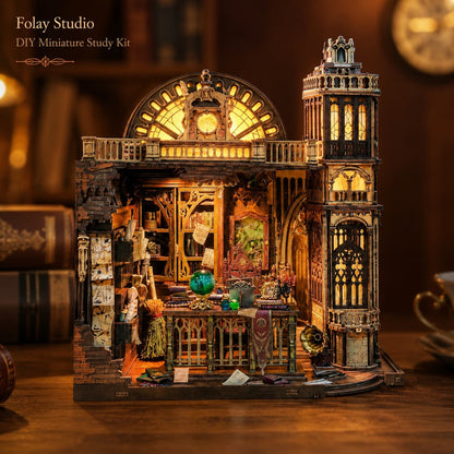 Detailed miniature study kit with intricate architecture and lighting, branded 'Folay Studio'.