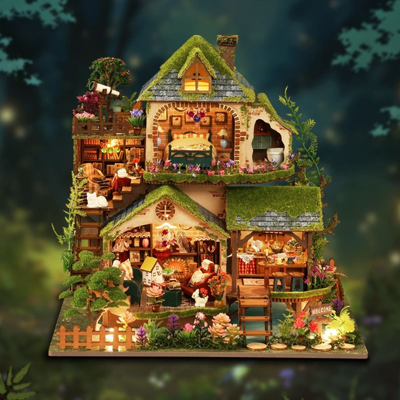 image displaying different angle views of assembled Forest Adventure DIY Miniature House Kit in a forest background