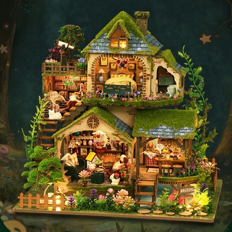 image displaying different angle views of assembled Forest Adventure DIY Miniature House Kit in a forest background