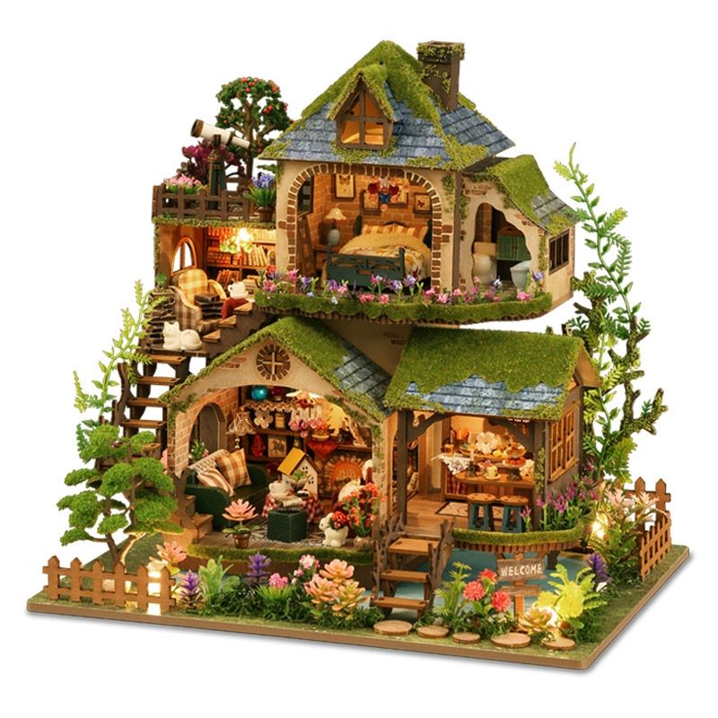 image displaying different angle views of assembled Forest Adventure DIY Miniature House Kit