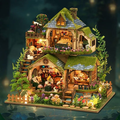 image displaying different angle views of assembled Forest Adventure DIY Miniature House Kit in a forest background