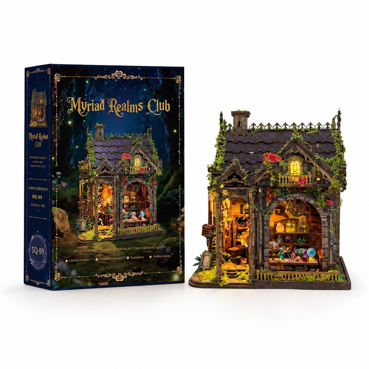 A boxed miniature house set labeled 'Myriad Realms Club' shown beside the assembled house. The box features dark blue packaging with fantasy-style artwork of a glowing cottage at night.