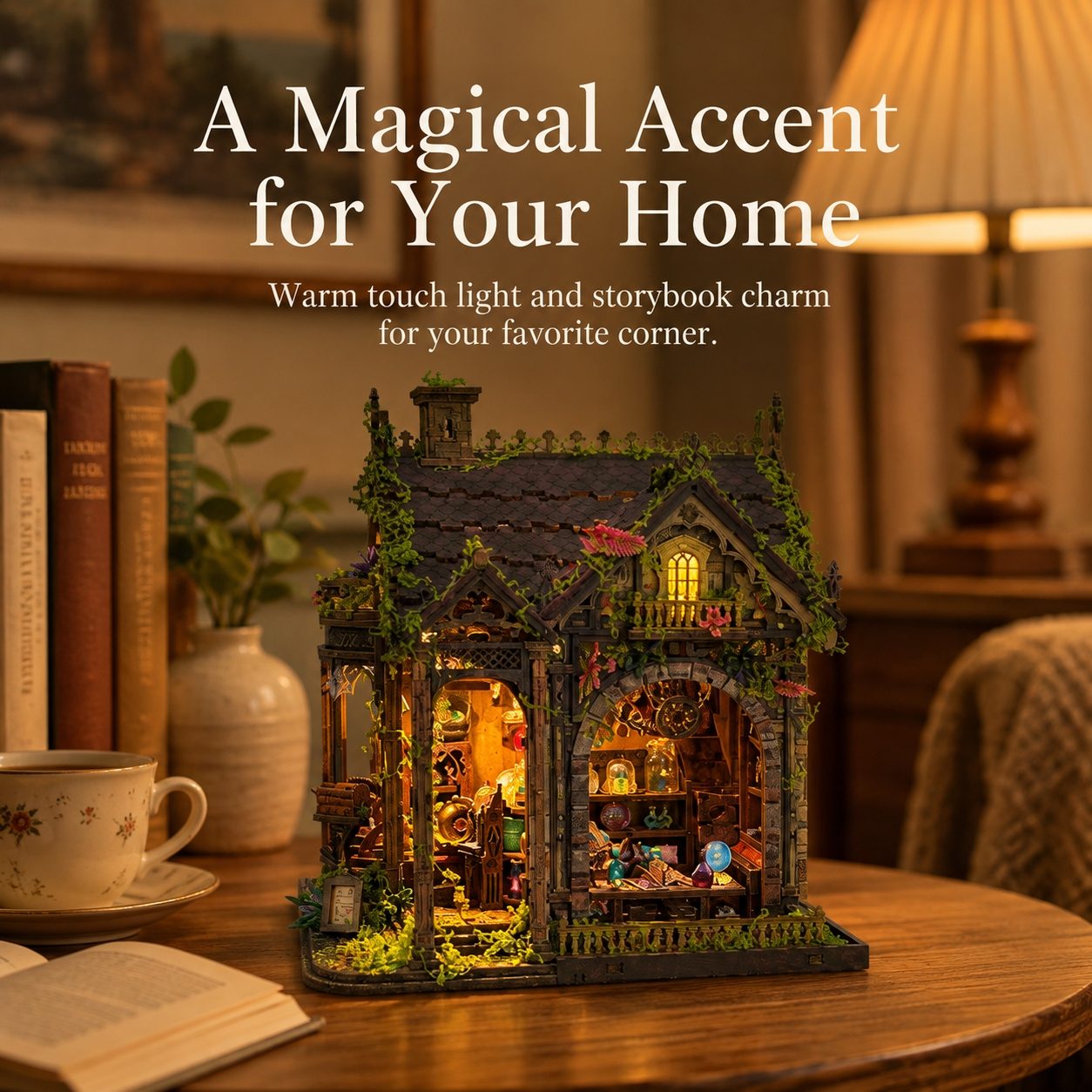 A miniature fairy light house with a dark gray roof, green mossy vines, and warm yellow glowing windows, displayed on a wooden table in a cozy room setting with books, a teacup, and a lamp in the background. Text overlay reads 'A Magical Accent for Your Home'.