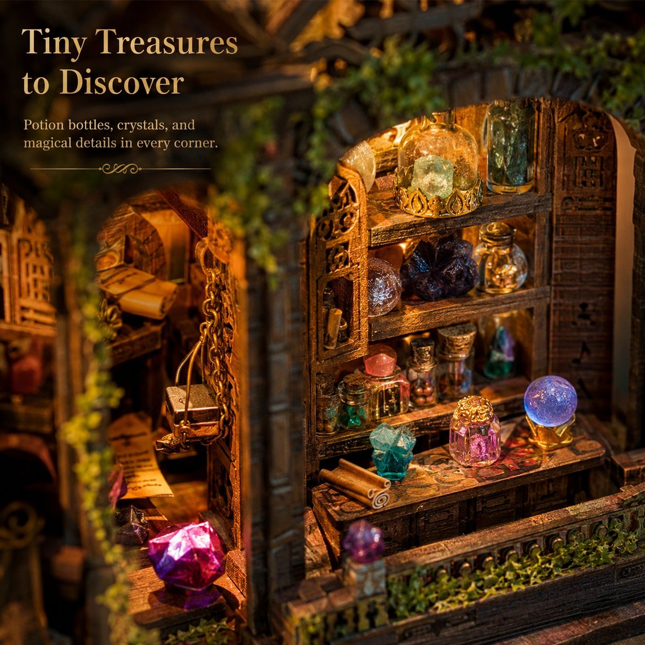 A miniature fantasy potion shop display with glowing crystal balls, glass bottles, jars, and magical items arranged on wooden shelves and tables, with overlaid text reading 'Tiny Treasures to Discover' and smaller descriptive copy.