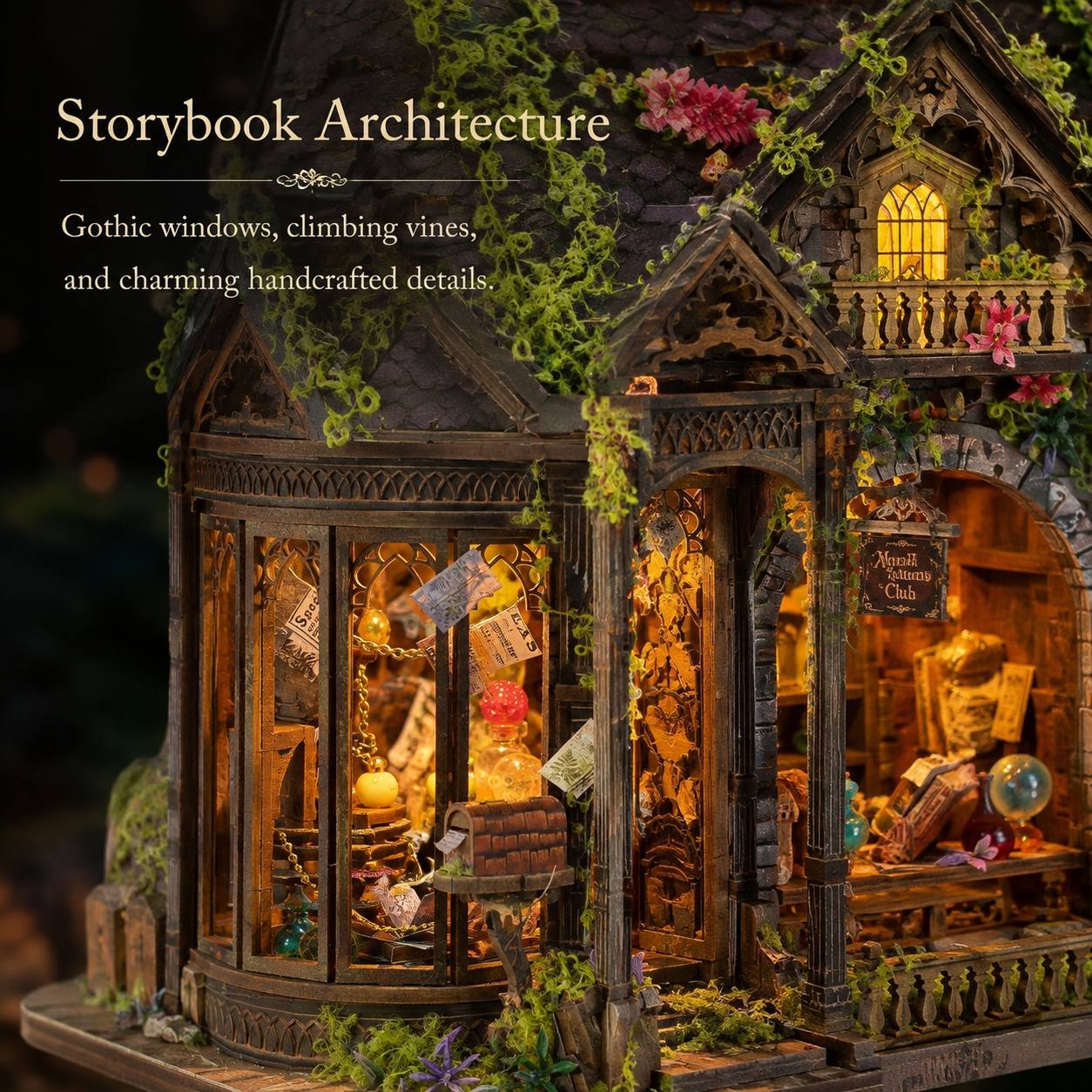 A highly detailed fantasy gothic house miniature with warm yellow glowing windows, climbing green vines, and miniature props inside, with text overlay reading 'Storybook Architecture' on a dark background.