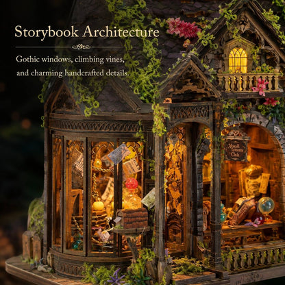 A highly detailed fantasy gothic house miniature with warm yellow glowing windows, climbing green vines, and miniature props inside, with text overlay reading 'Storybook Architecture' on a dark background.