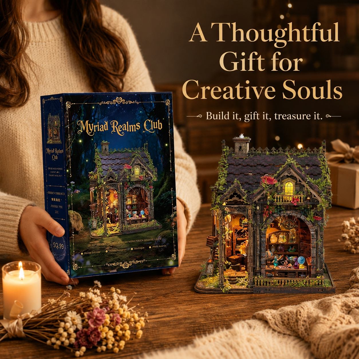 A cozy tabletop scene shows a person holding a decorative gift box labeled 'Myriad Realms Club' beside a fully built miniature house dollhouse with warm glowing windows. The scene includes a candle, dried flowers, knitted fabric, and overlaid text reading 'A Thoughtful Gift for Creative Souls' and 'Build it, gift it, treasure it.