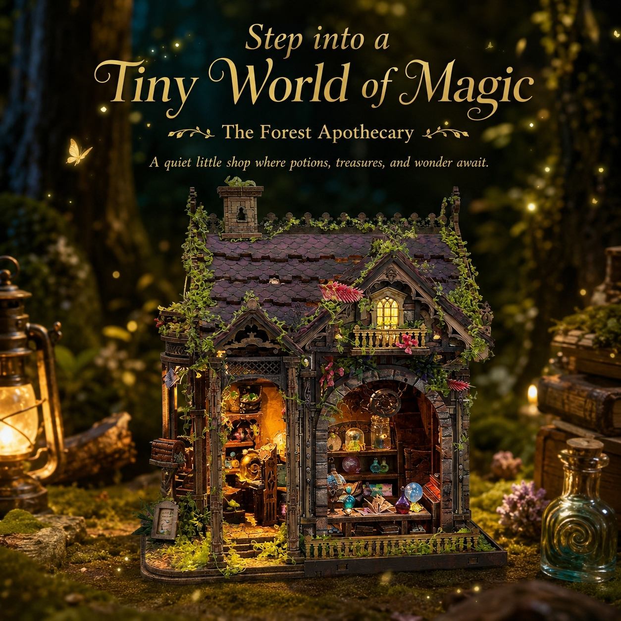 A miniature fantasy apothecary shop dollhouse set in a magical forest scene with glowing fairy lights, books, and bottles. Text at the top reads 'Step into a Tiny World of Magic' and 'The Forest Apothecary'.
