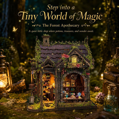 A miniature fantasy apothecary shop dollhouse set in a magical forest scene with glowing fairy lights, books, and bottles. Text at the top reads 'Step into a Tiny World of Magic' and 'The Forest Apothecary'.