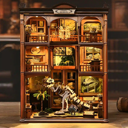 Wooden miniature museum with various exhibits including dinosaur skeletons and framed pictures.
