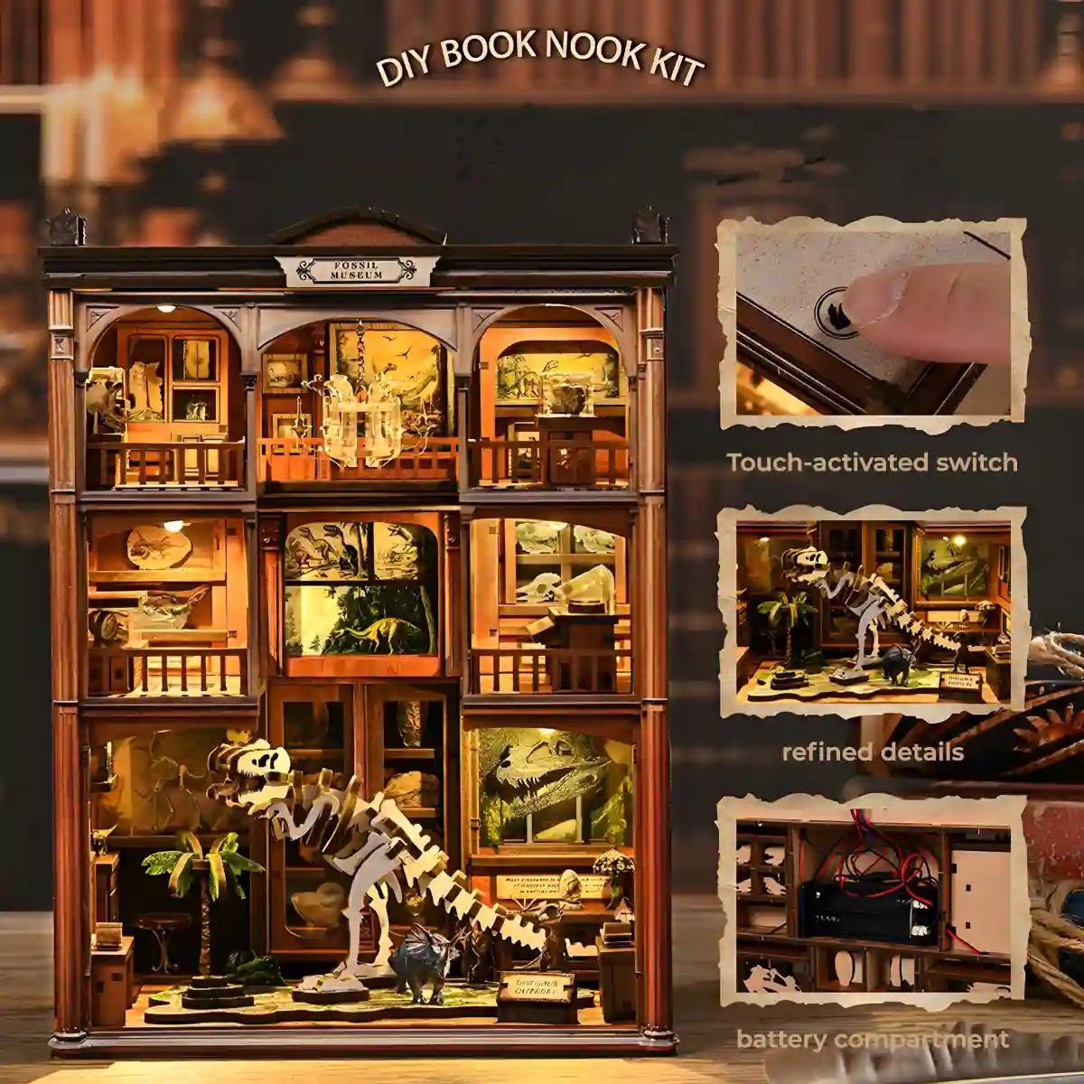 Wooden book nook model with dinosaur skeleton and various items, featuring a touch-activated switch and battery compartment.