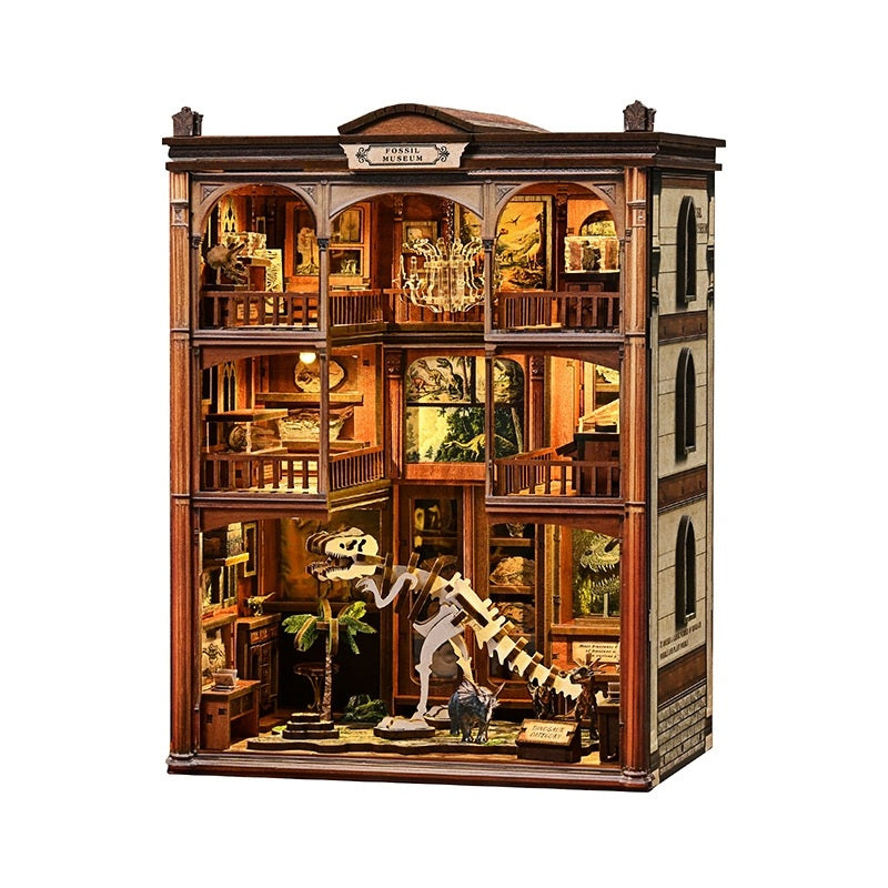 Detailed wooden book nook model of a Fossil Museum miniature house with various rooms and decorations.