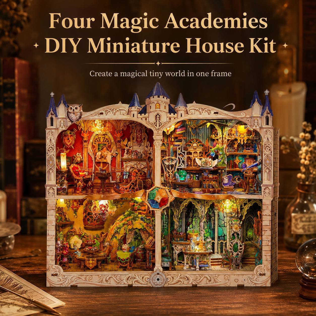 Magic themed DIY miniature house kit with intricate details on a wooden surface, surrounded by decorative items.