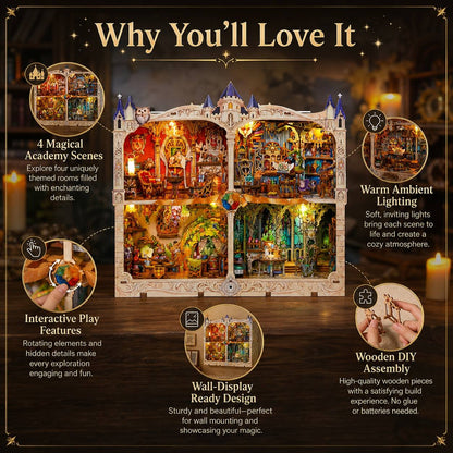 Wooden Magic themed dollhouse with various features highlighted on a dark background