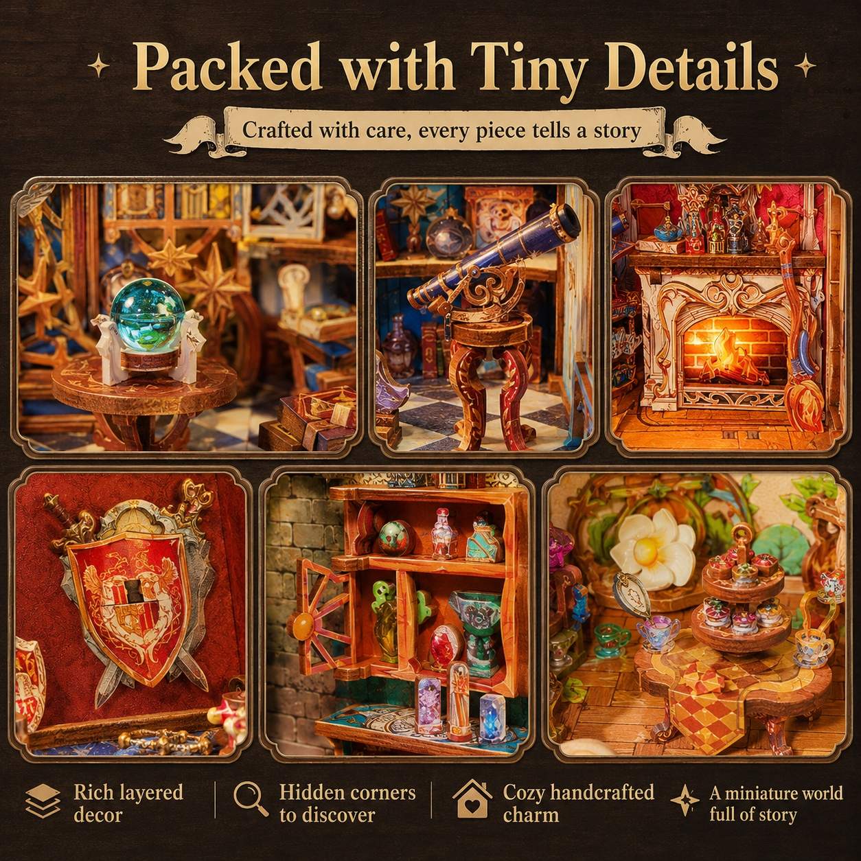 Collage of Magic themed miniature scenes with detailed decor, text highlighting features, and a dark background.