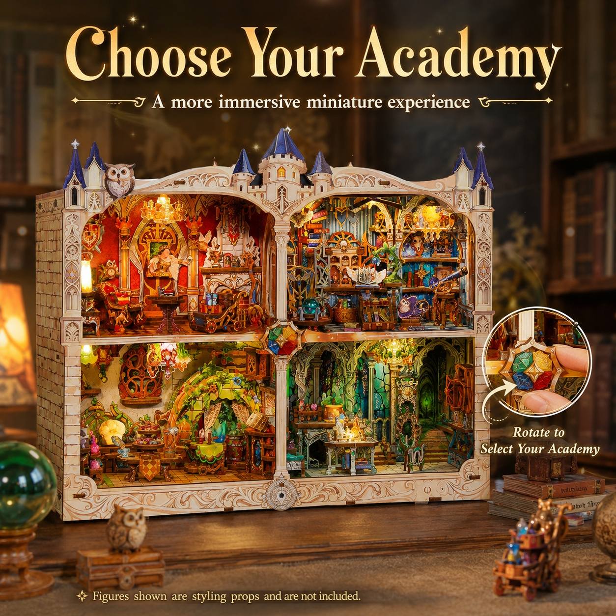 Wooden dollhouse with various rooms and decorations, labeled 'Choose Your Academy'.