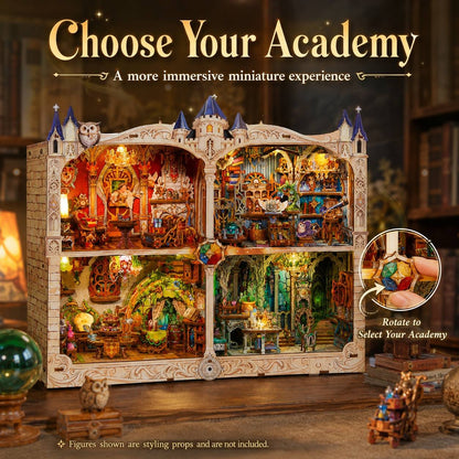 Wooden dollhouse with various rooms and decorations, labeled 'Choose Your Academy'.