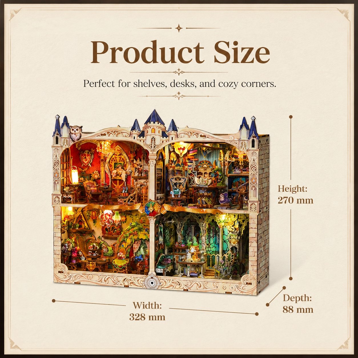 Product size chart for a Magic themed wooden miniature house with dimensions and text on a beige background.