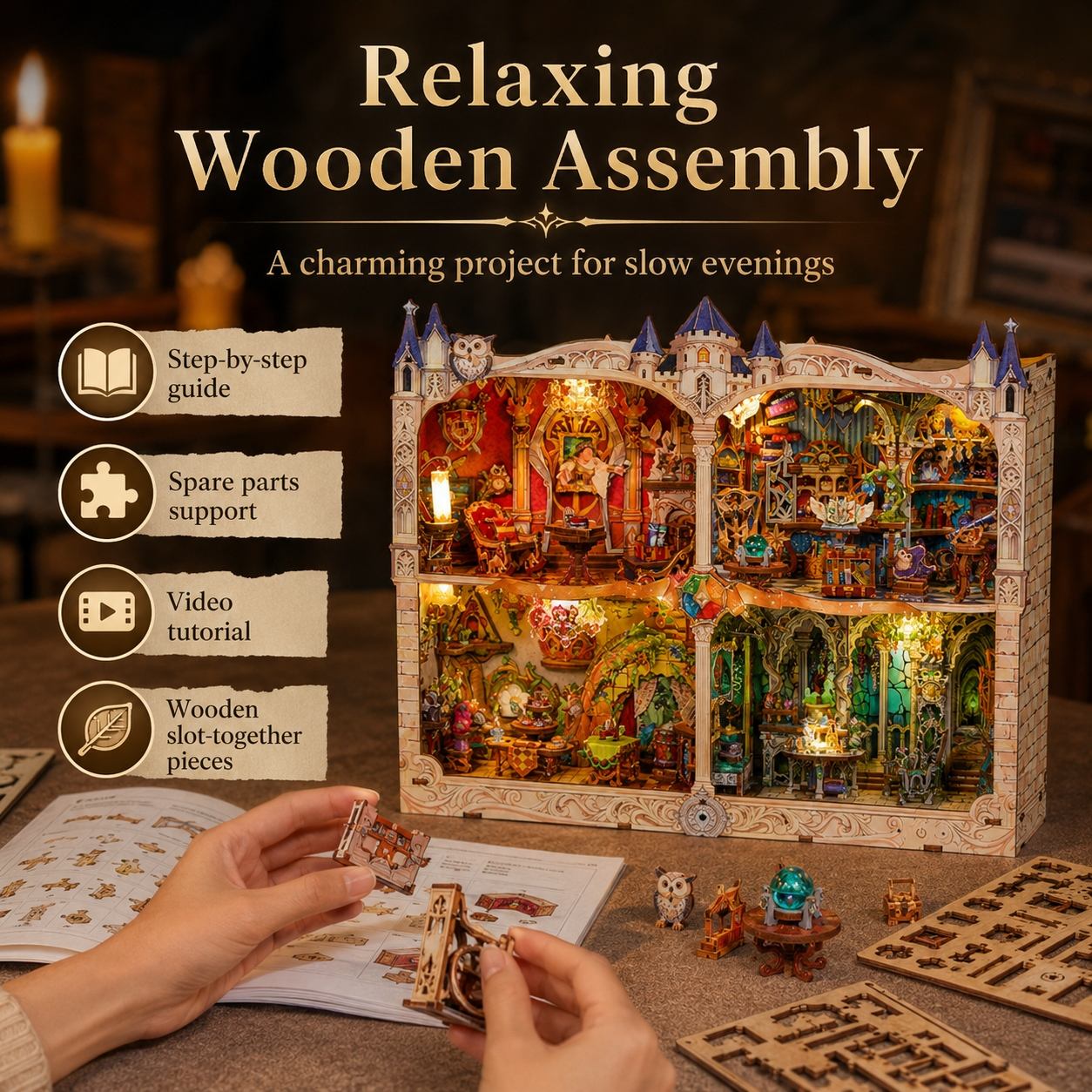 Wooden assembly puzzle with step-by-step guide, spare parts support, video tutorial, and wooden slot-together pieces.