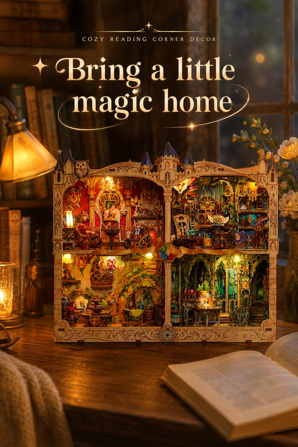 a Magic themed Wooden dollhouse with illuminated rooms on a wooden table, surrounded by cozy decor elements.