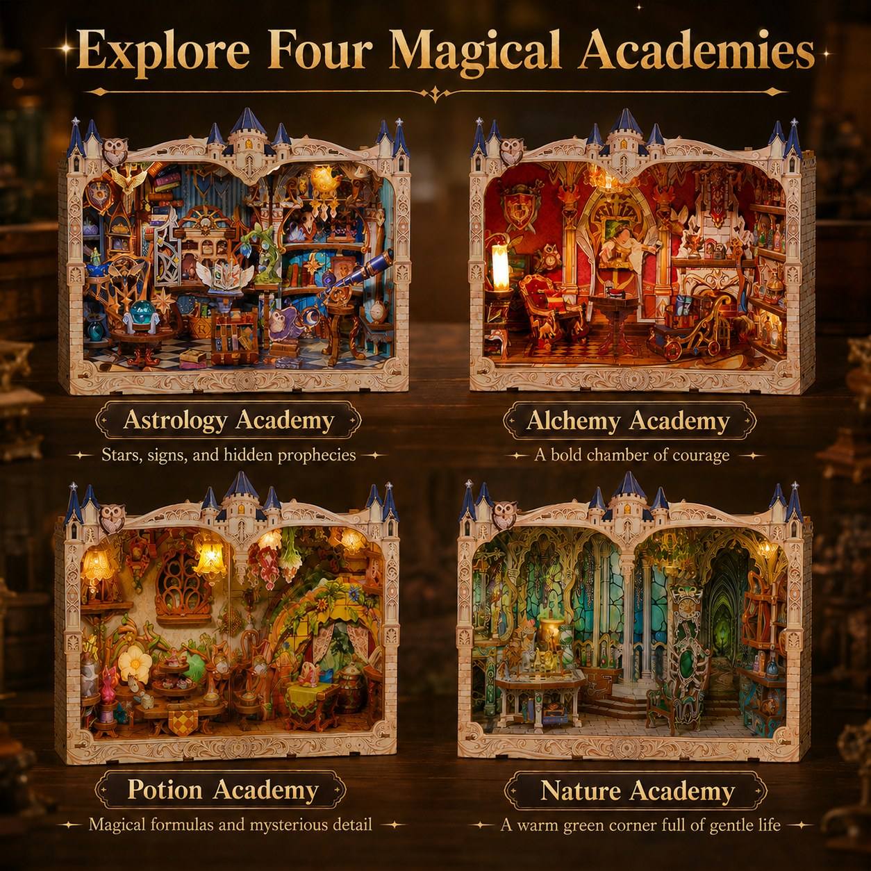 Four Magic Academies DIY Miniature Book Nook Kit – Lighted Fantasy Story Frame