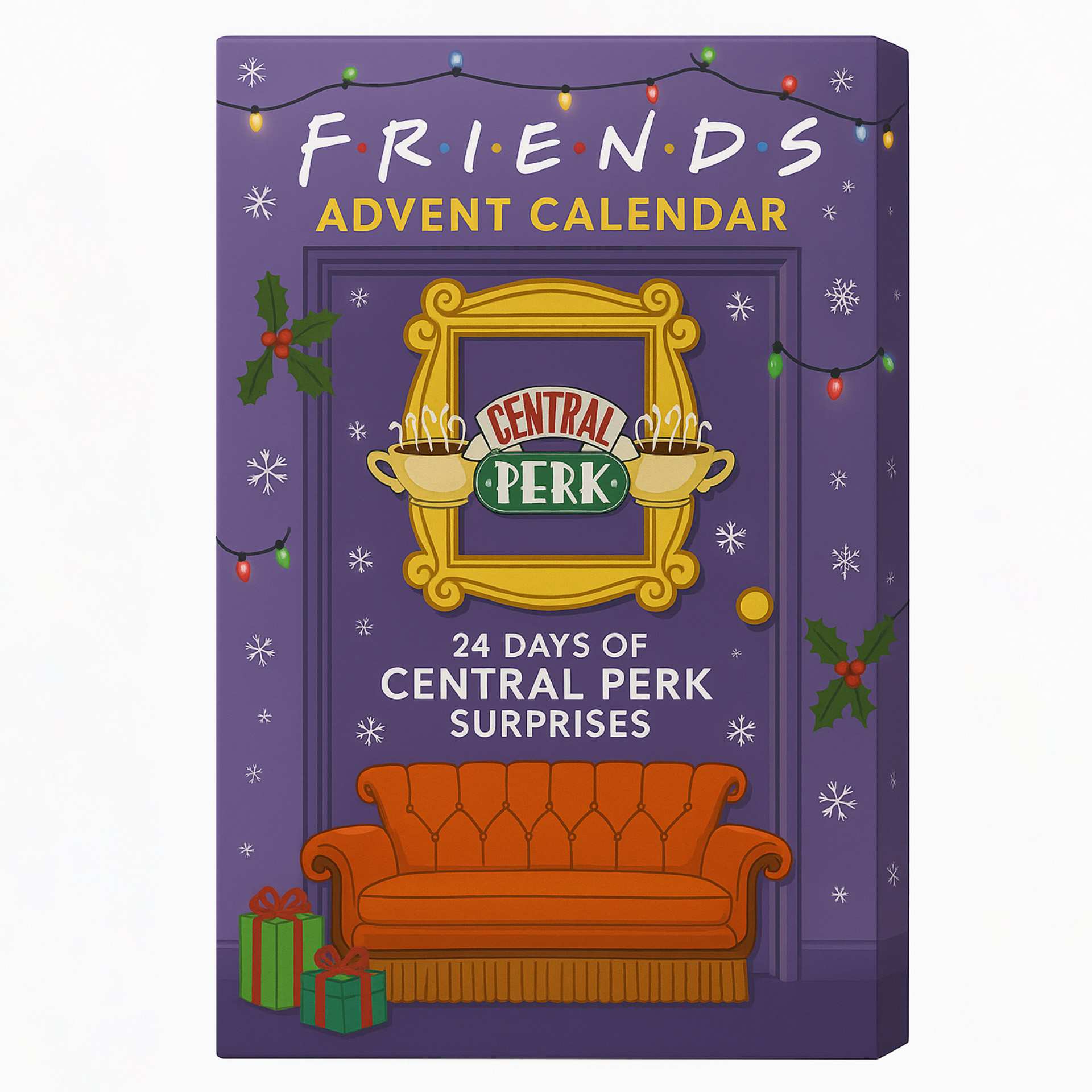 Friends Advent Calendar with Central Perk logo and orange couch illustration