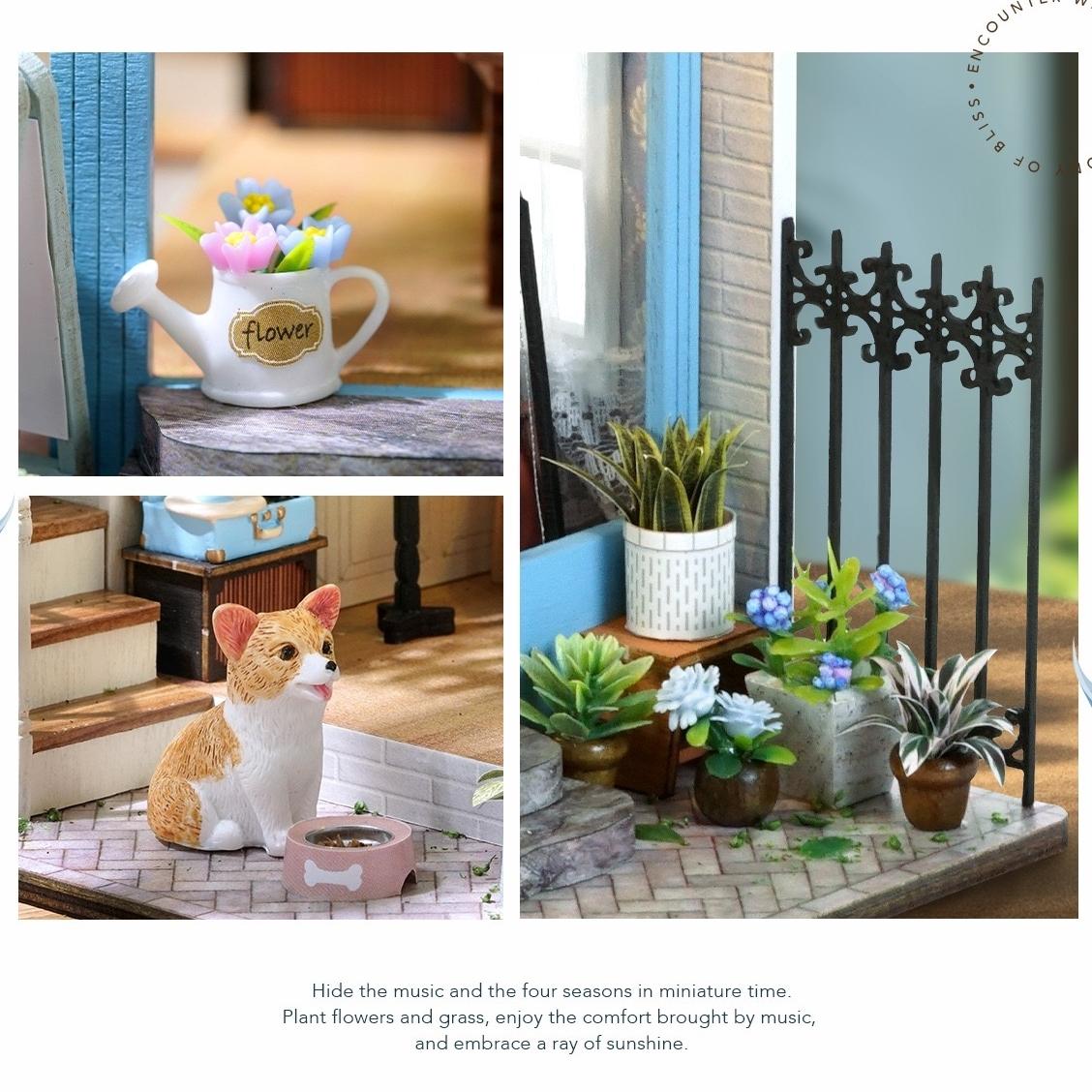 Collage of miniature garden items including a watering can, dog figurine, and plants.