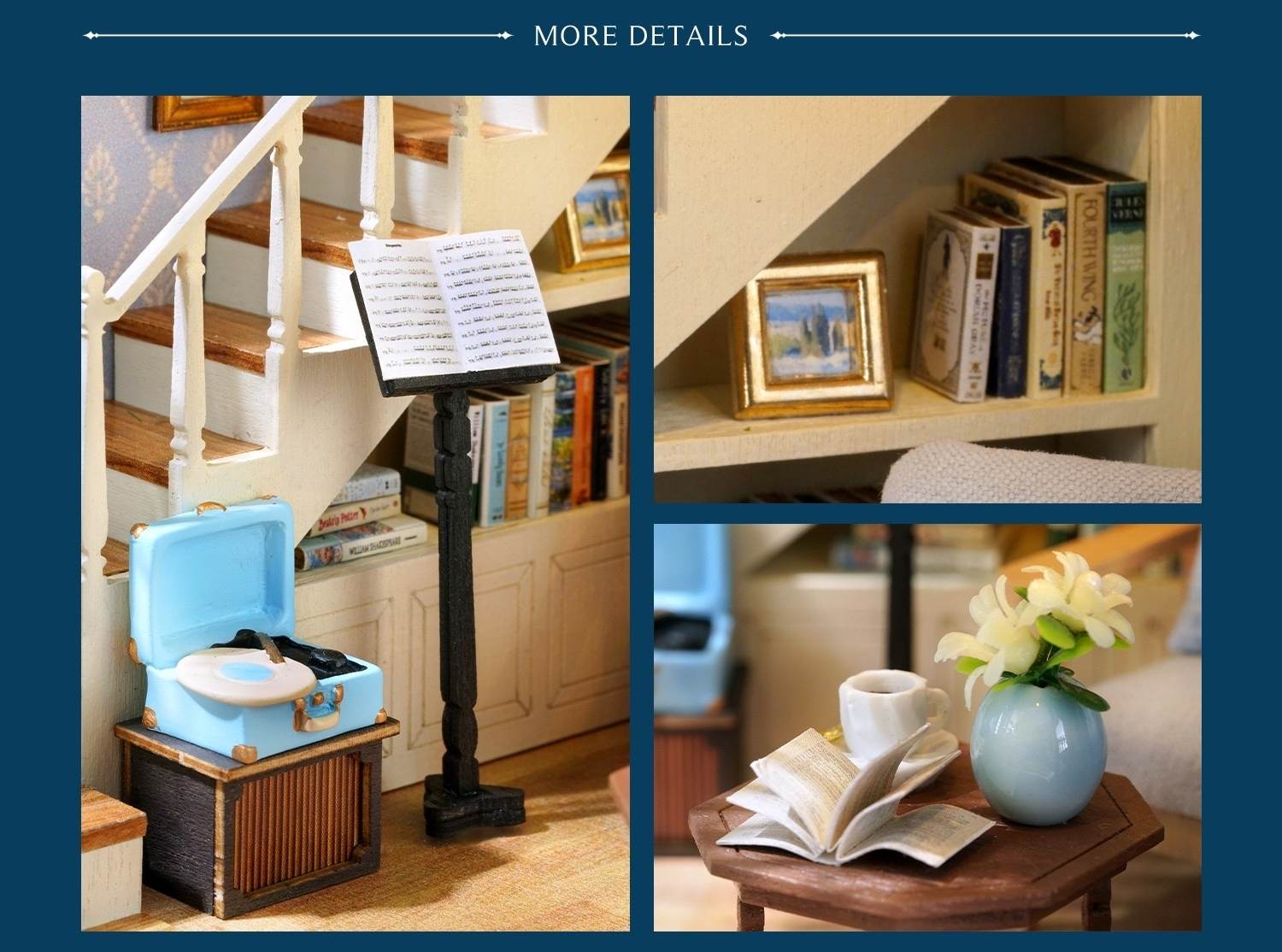 Collage of miniature items in the living room of Garden Music House, including a suitcase, music stand, books, and a table with a vase and flowers.