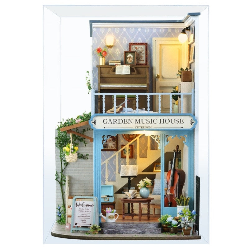 assembled dollhouse Model of a 'Garden Music House' in a acrylic dust cover case
