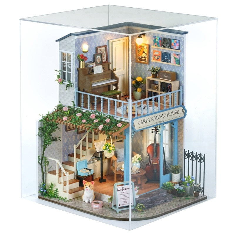 assembled miniature house Model of a 'Garden Music House' in a acrylic display case