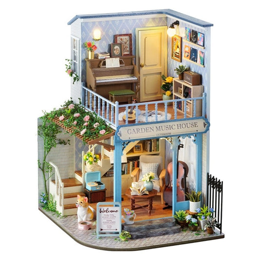 Dollhouse Model of a 'Garden Music House' with interior details and decorative elements on a white background.