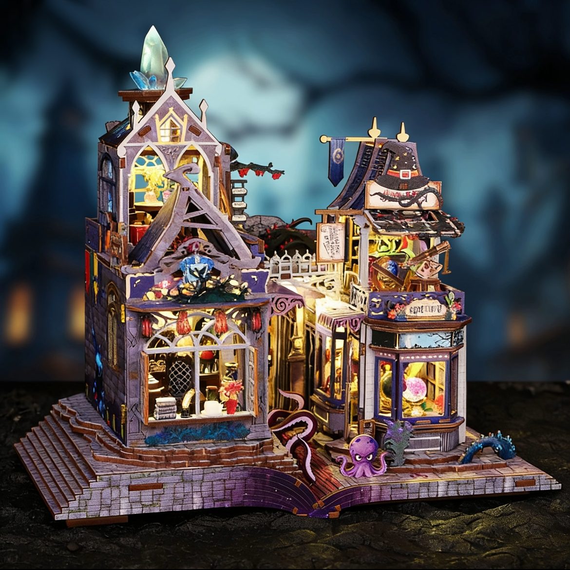 Detailed miniature model of a fantasy building with illuminated windows and decorative elements on a dark background.
