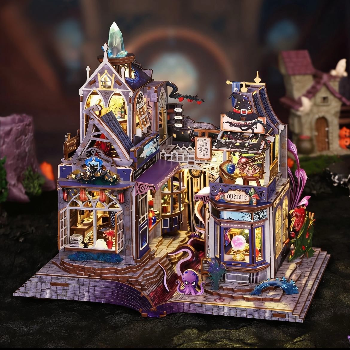 Detailed model miniature house of a fantasy magic house with illuminated buildings and characters.