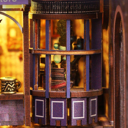 Close-up of a wooden miniature model with intricate details, possibly a miniature building or structure.