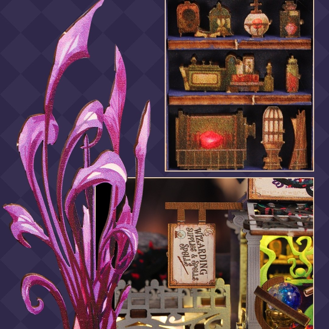 Collage of decorative miniature items including a purple floral design, shelves with figurines, and a sign.
