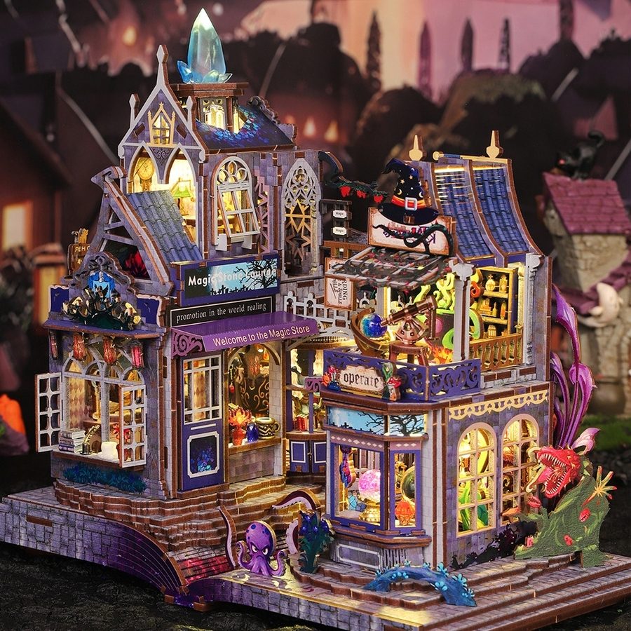 Detailed model of a magic haunted house with various decorations and lights.